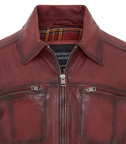 Men's Vintage Classic Short Soft Leather Biker Jacket - Ox Red