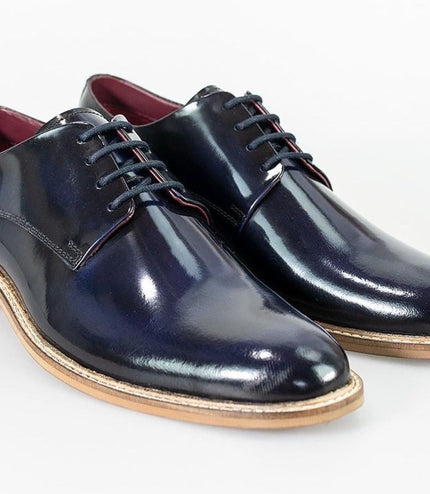 Mens Retro Oxford Brogue Derby Shoes In Navy Patent Leather
