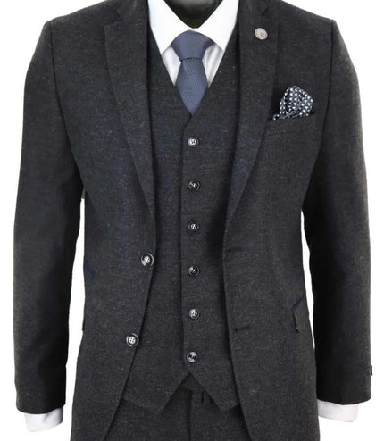 Mens 3 Piece Black Wool Tweed Vintage Retro Suit