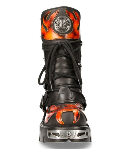 New Rock Flame Accented Black/Red Leather Biker Skull Boots - 107-S1