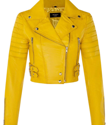 Womens Cropped Brando Leather Biker Jacket-Damascus - Silver