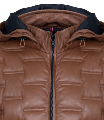 Men's Hooded Puffer Quilted Bomber Leather Jacket - BelÃ©m - Tan