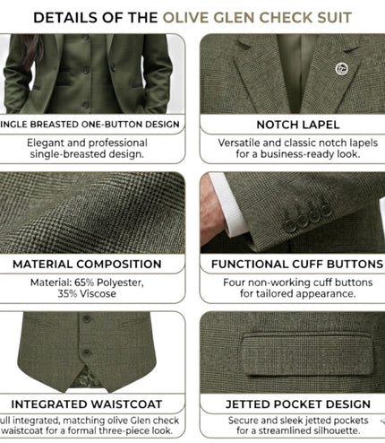 Women's Olive Three Piece Check Tailored Suit - TPW-53