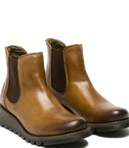Fly London Womens Camel Salv Chelsea Leather Ankle Casual Wedge Heel Boots