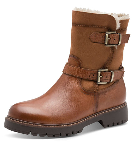Tamaris Womens Winter Cognac Tan Brown Leather Buckle Zip Biker Ankle Boots