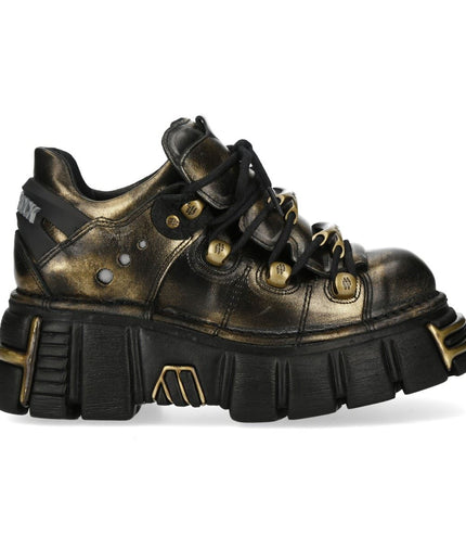 New Rock Golden Black Leather Gothic Platform Ankle Boots - M-120N-C21