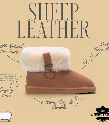 Women's Genuine Sheepskin Tan Suede Ankle Bootie Winter Boots - Granite