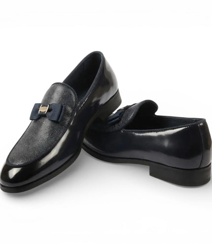 Mens Black Textured Front Iconic Buckle Bow Loafers Shoes