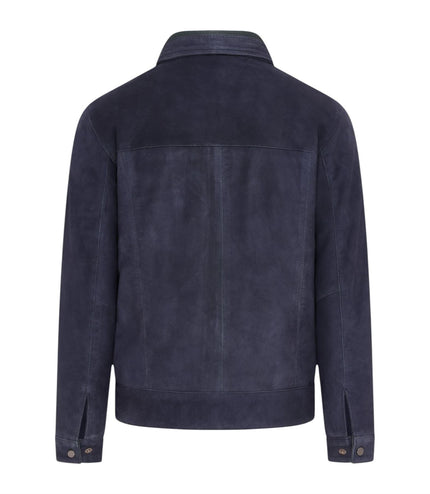Mens Navy Goat Suede Leather Harrington Biker Jacket - Berlin