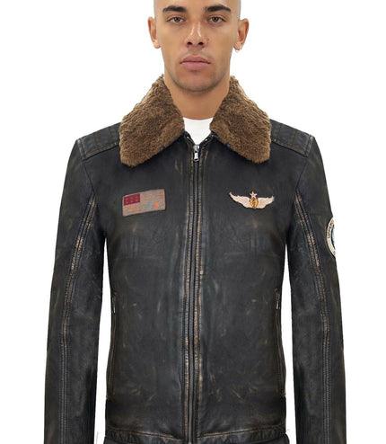 Mens Badged Vintage Black Leather Bomber Jacket-Tunis