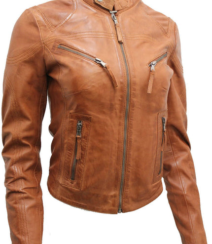 Womens Slim-Fit Leather Biker Jacket-Maldon - Brown