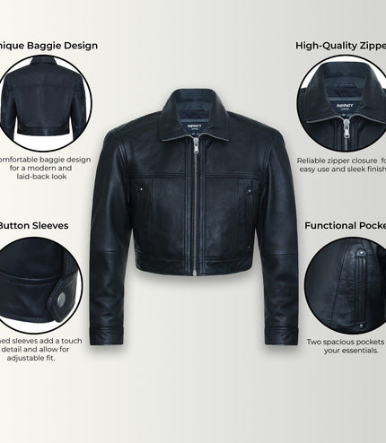 Womens Black Cropped Biker Leather Jacket - Dubai