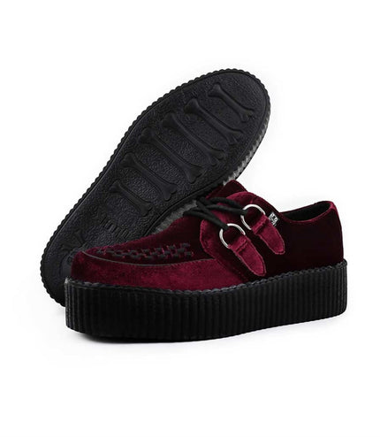 TUK Viva High Creeper Burgundy Velvet Platform Lace-Up Goth Shoes - AV6802