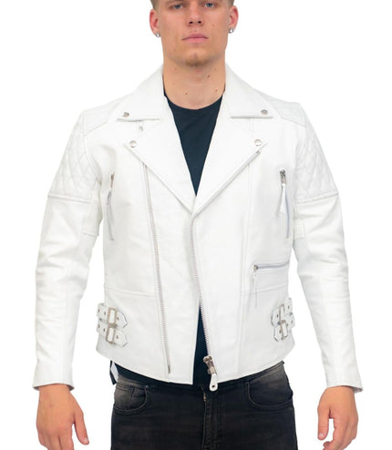 Mens Cowhide Leather Biker Jacket-Nassau - White