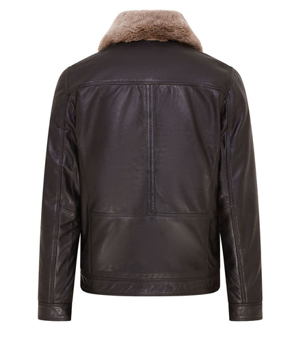 Mens Leather Jacket Trucker Removable Sheepskin Collar Casual Jacket - Black