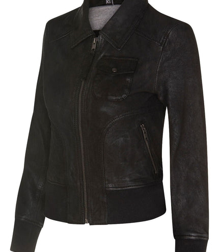 Womens Leather MA-1 Varsity Jacket-Ann Arbor - Black
