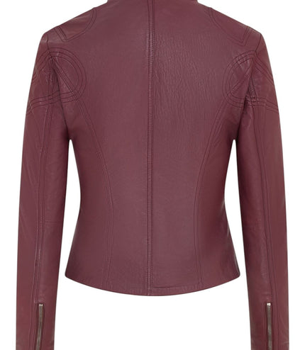 Womens Slim-Fit Leather Biker Jacket-Maldon - Burgundy