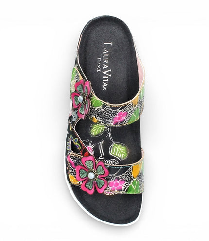 Laura Vita Women's Brcyano 32 Black Floral Leather Strappy Slipper Sandals