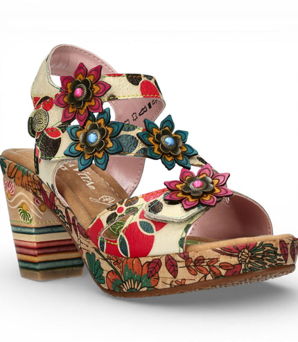 Laura Vita Women's Nellao 33 Beige Floral Leather Wedge Heel Espadrille Sandals