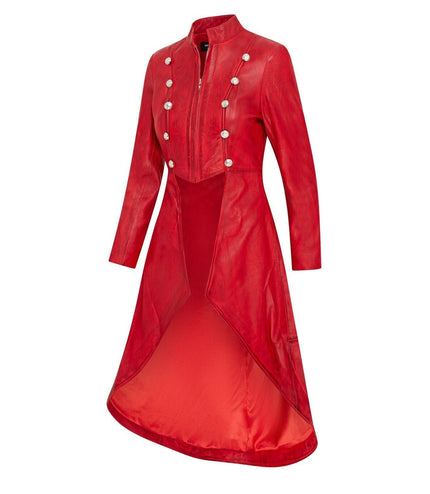 Womens Gothic Full Length Edwardian Leather Coat - Atlanta - Red