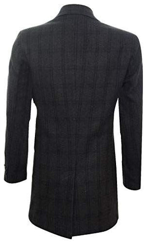 Mens 3/4 Long Wool Black Check Overcoat Jacket Blinders Trench Slim Fit Coat