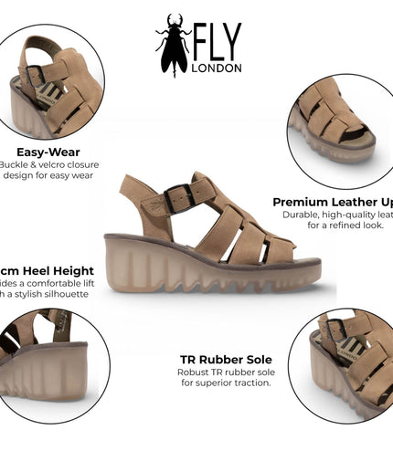 Fly London Women's BAIC621FLY Taupe Suede Leather Wedge Sandals