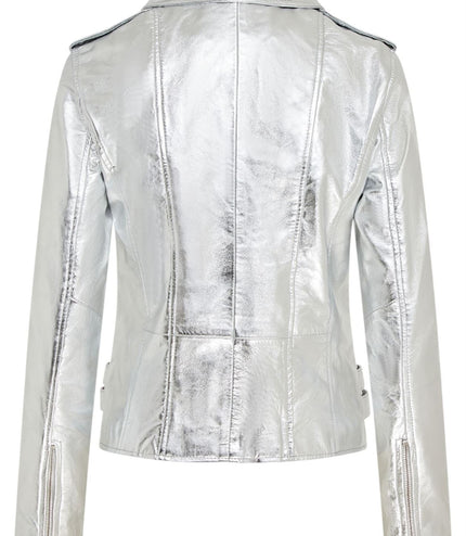 Womens Leather Brando Biker Jacket-Orlando - Silver
