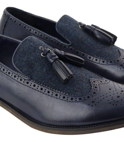 Mens Tasselled Navy Leather Tweed Brogue Slip On Loafers