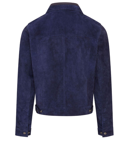 Mens Goat Suede Jeans Jacket Trucker Casual Denim Leather Shirt - Navy