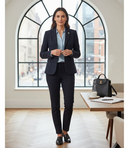 Women's Navy Tailored Check Tweed Blazer Formal Jacket - TPSTZ-7