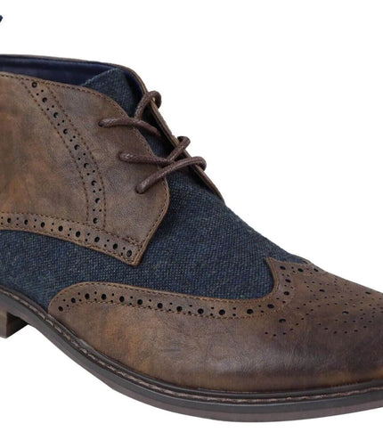 Mens Classic Tweed Oxford Brogue Ankle Boots In Brown Leather