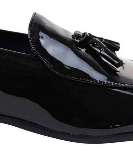 Mens Tasselled Black Patent Leather Slip On Loafers