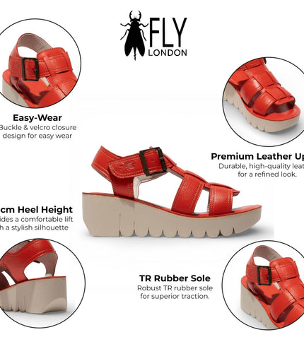 Fly London Women's YUDD236FLY Devil Red Leather Wedge Sandals