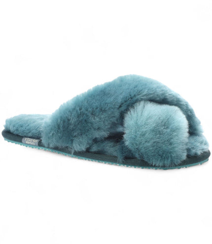 Women's Sheepskin Slippers Teal Warm Winter Fur Crossover - Snowbelle