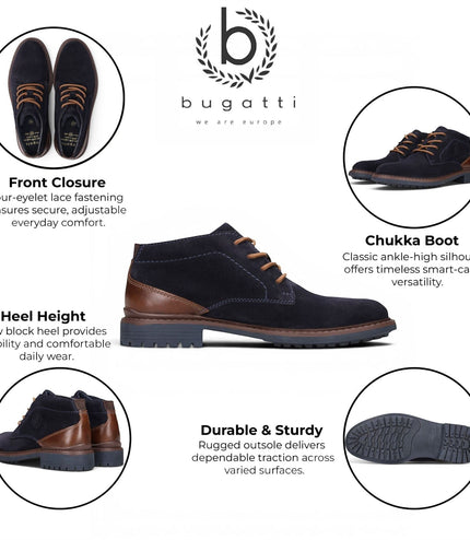 Bugatti Mens Navy Blue Suede Leather Lace-up Desert Ankle Boots - Lota