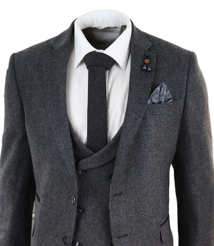 Mens Grey 3 Piece Tweed Suit Vintage Harringbone 1920s Retro Peaky Blinders