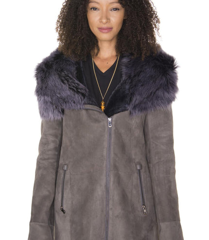 Womens Grey Suede Hooded Merino Sheepskin Coat-Monrovia
