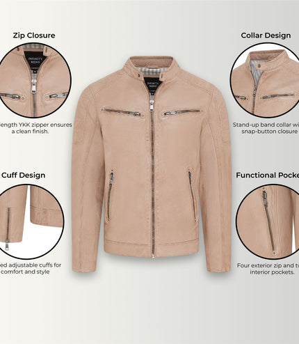 Men's Modern Classic Leather Quilted Biker Jacket - Derry - Beige