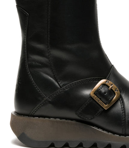 Fly London Womens Black Mes 2 Wedge Heel Buckle Mid-Calf Leather Zip Platform Boots