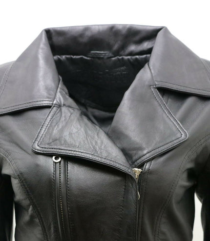 Womens Leather Long Biker Jacket-Muscat - Black
