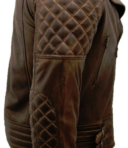 Mens Quilted Leather Biker Jacket-Bordeaux - Brown