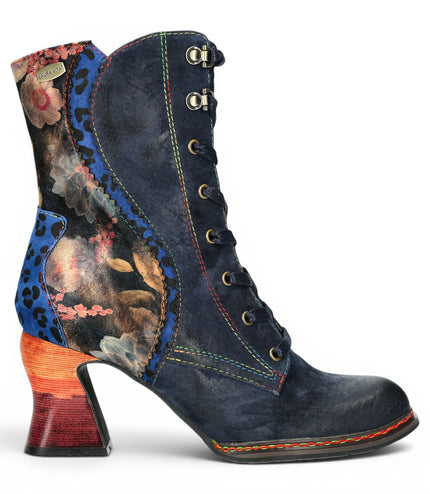 Laura Vita Women's Goth Victorian Floral Blue Leather Lace-Up Heeled Boots - Eleao-42