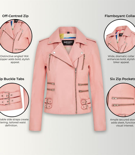 Womens Leather Brando Biker Jacket-Orlando - Baby Pink