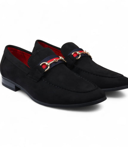 Men's Black Suede Loafers with Gold Buckle Slip-On Dress Shoes