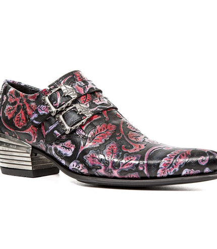New Rock Vintage Red Floral Leather Buckle Shoes - 7960-S6