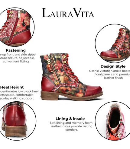 Laura Vita Women's Red Floral Victorian Leather Lace-up Ankle Boots - Anitao - 11
