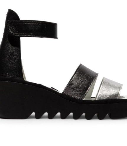 Fly London Women's Bono290Fly Silver Black Idra Leather Wedge Sandals