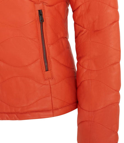 Womens Puffer Warm Quilted Leather Bomber Jacket - Orange