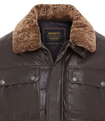 Men's Lamb Leather Puffer Bomber Warm Biker Jacket - Brown