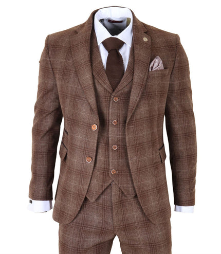 Men's Formal Brown Tweed  3 Piece Check Vintage Gatsby Style Suit